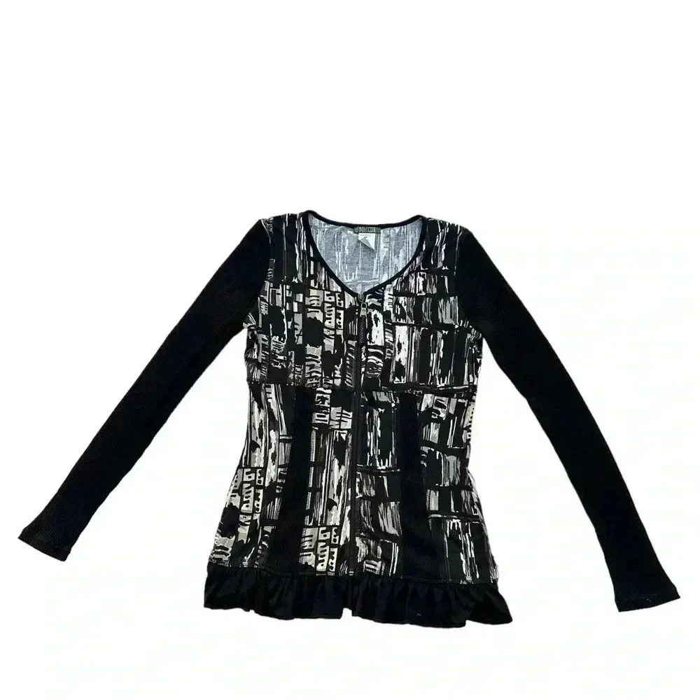 Dolcezza Art to Wear Graphic Black White Zip Up Tunic Top Womens Size M